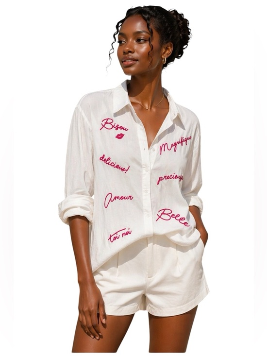 Milk & Honey Tops - Milk & Honey White & Red Amour Embroidered Button Down Blouse Size: Large